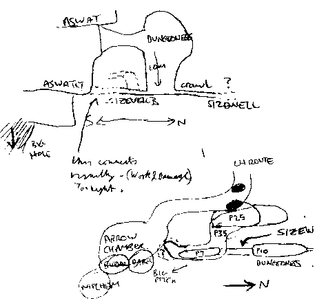 [elevation and plan showing dungeness coming from below afwat
and connection back to afwatit - later shown to be a visual connection only
(wook & damage)]