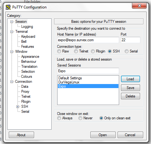 Putty Configuration Screen